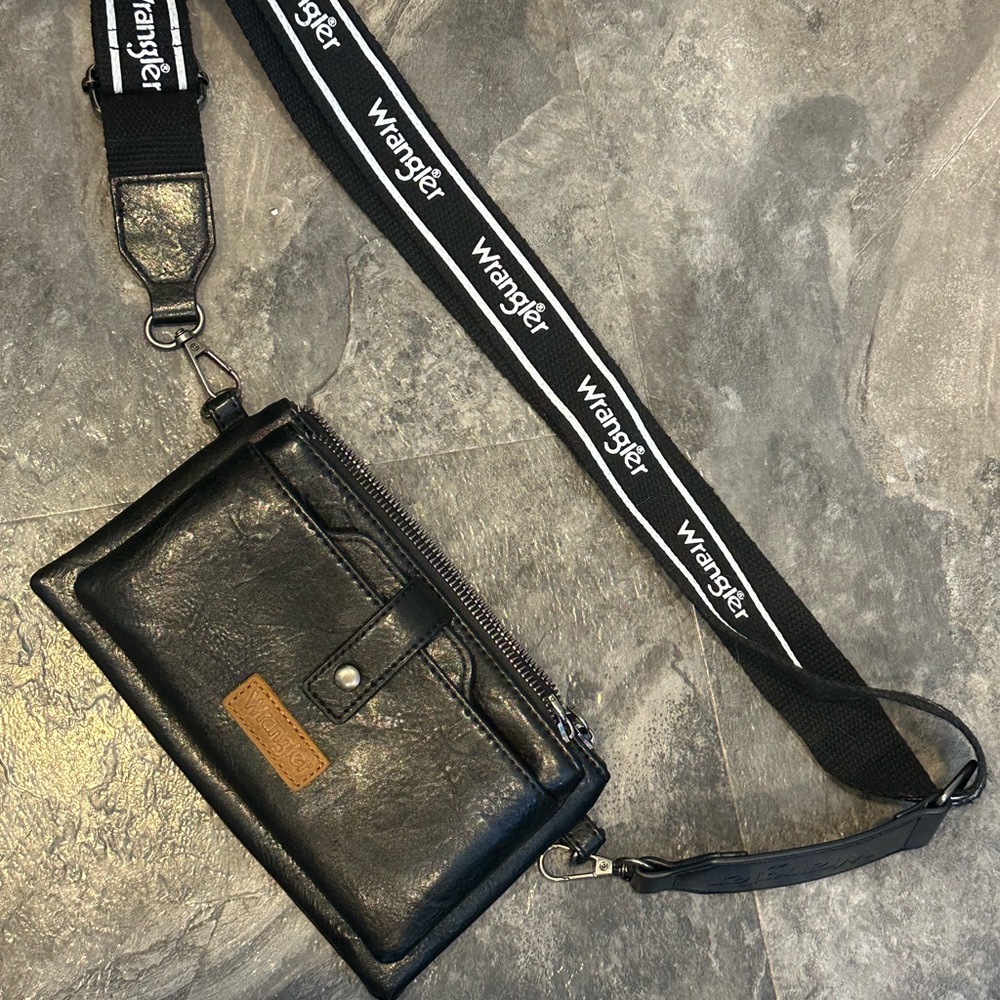Wrangler Black Leather-Look Crossbody Belt Bag with Logo Strap
